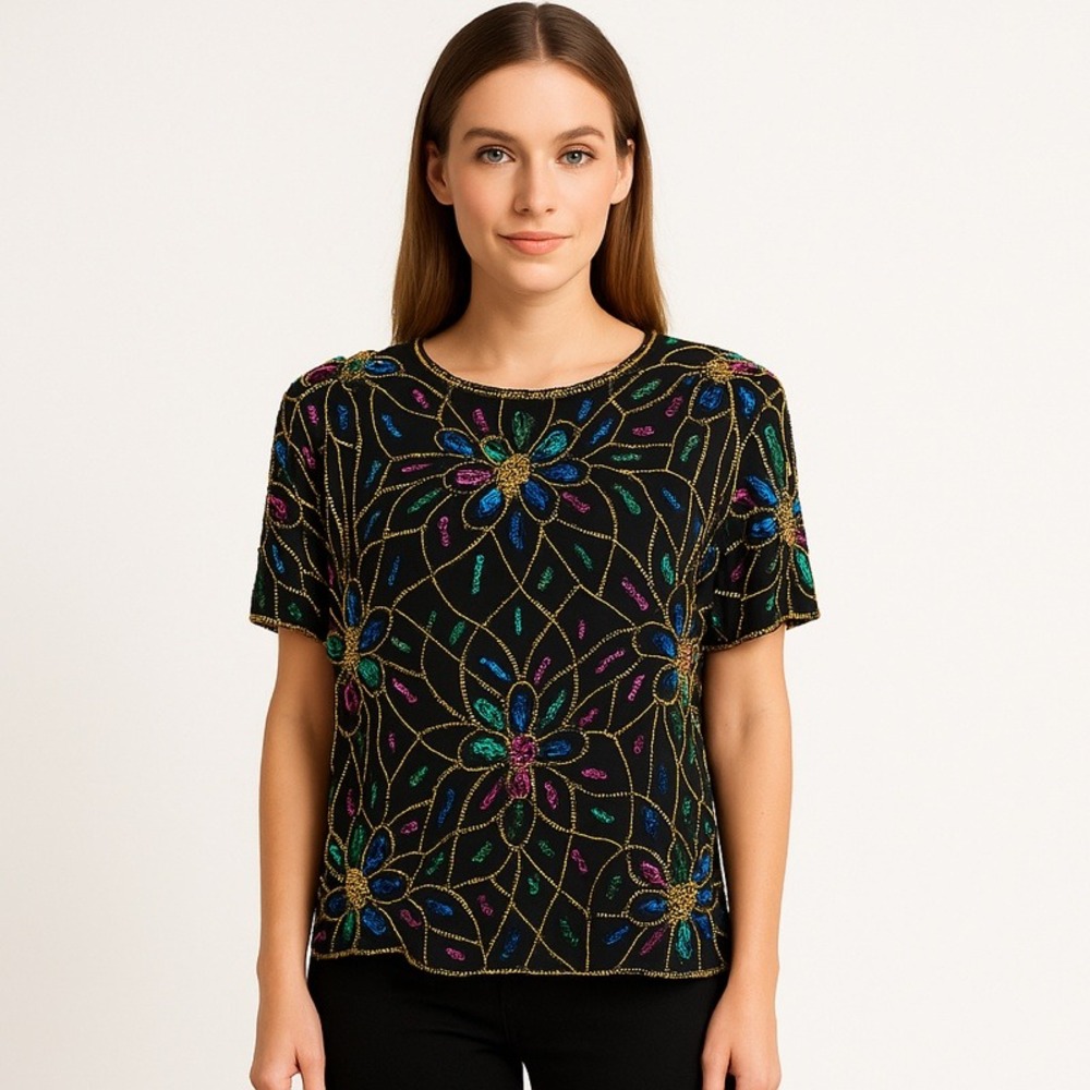 New‎ Jean For Joseph Le Bon Women's Blouse Formal  Black Beaded Sequin Floral S